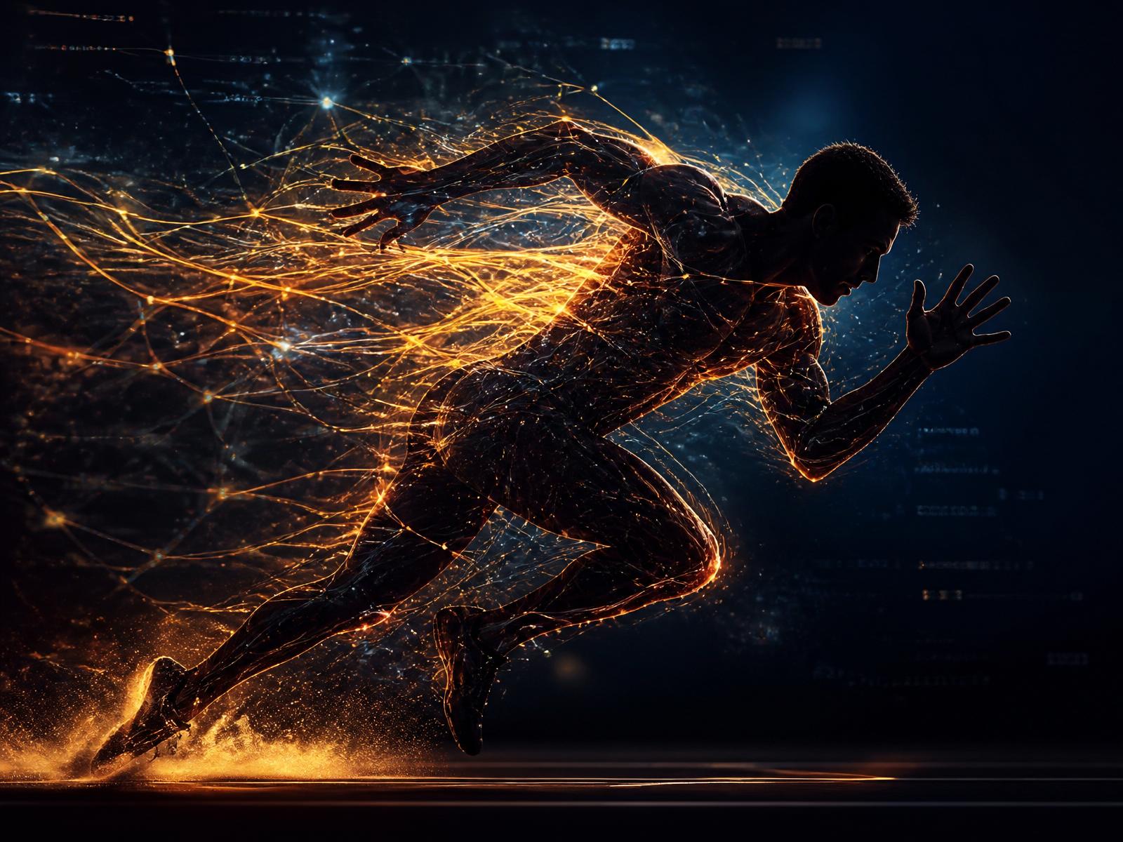 Athlete in motion merged with AI neural network light